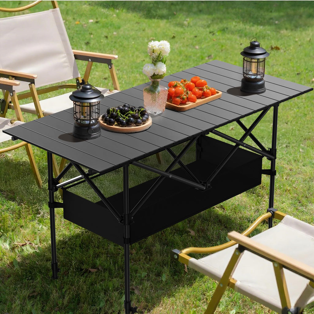 Hsundries 4FT Folding Camping Table,Portable Roll-up Picnic Table with Carry Bag & Mesh Storage,Lightweight Camp Table for Camping,Picnic,Backyard,Party,Patio,BBQ