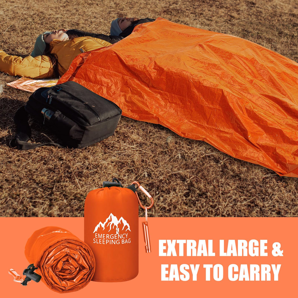 Oudain 6 Pcs XL Emergency Sleeping Bag 94.5" x 49.2" Waterproof Survival Sleeping Bag with Whistle Carabiner Portable Thermal Bivy Sack Emergency Blankets for Camping Hiking Outdoor (Orange)