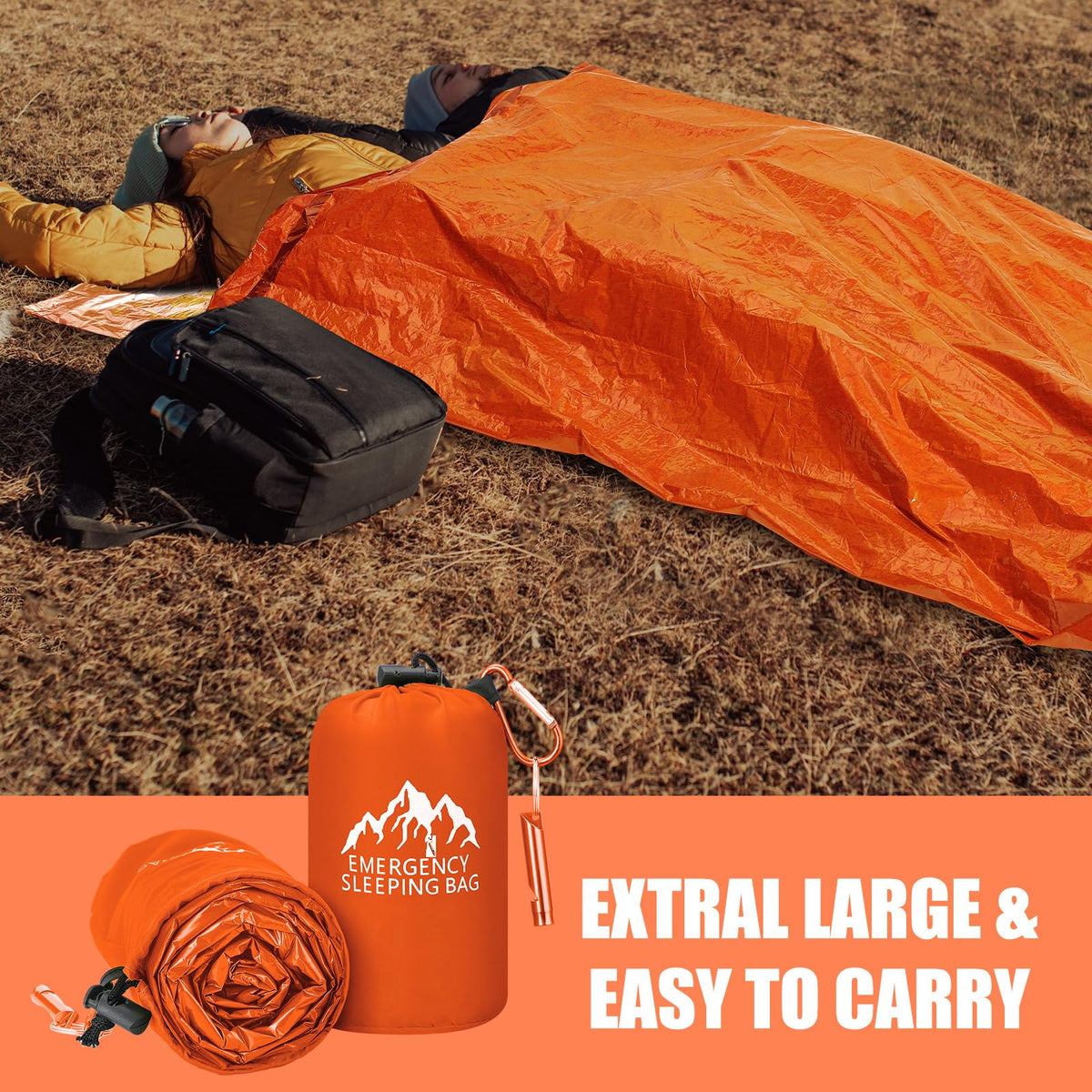 Oudain 6 Pcs XL Emergency Sleeping Bag 94.5" x 49.2" Waterproof Survival Sleeping Bag with Whistle Carabiner Portable Thermal Bivy Sack Emergency Blankets for Camping Hiking Outdoor (Orange)
