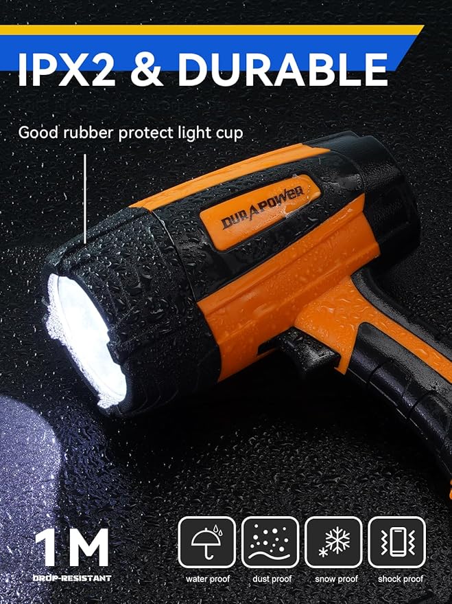 Durapower Rechargeable Spotlight, 500 Lumens LED Spotlight Flashlight, IPX2 Waterproof Handheld Spot Light for Indoor Outdoor Farm Camping Emergency (Orange)
