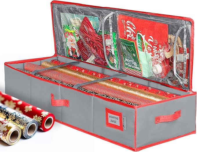 HOLDN' STORAGE Premium Wrapping Paper Storage Container - Durable 600D Tearproof, Fits 27 Rolls Gift Wrap Extra Pockets for Ribbons & Bows Underbed Storage - Ideal for Holiday Christmas, Grey/Red Trim