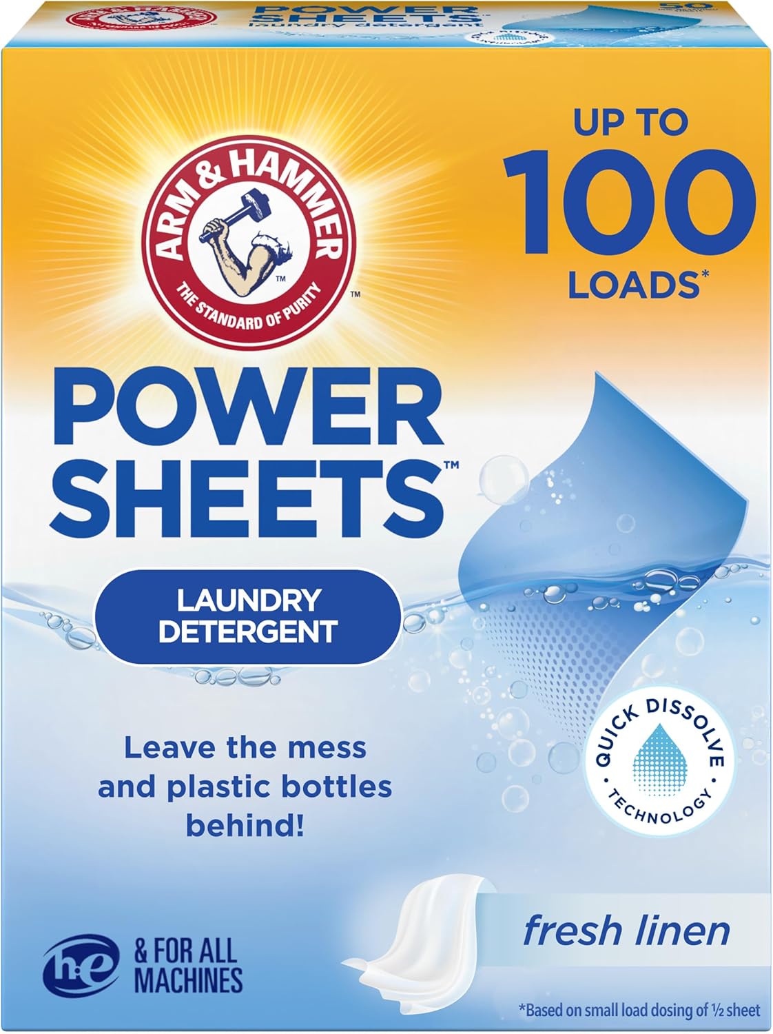 Arm & Hammer Power Sheets Laundry Detergent, Fresh Linen 50ct, up to 100 Small Loads (Packaging may vary)