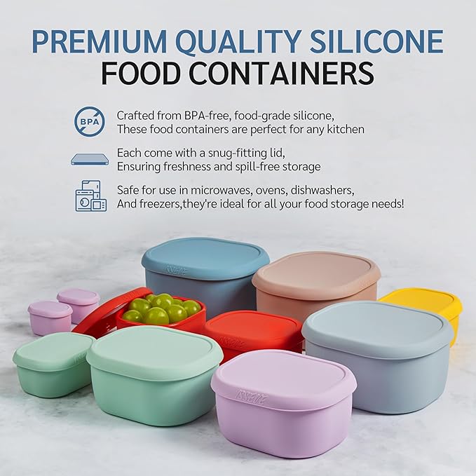 ISSEVE 12Pcs/Set Nesting Silicone Food Storage Containers with Lids, BPA Free Reusable Meal Prep Silicone Containers Airtight, Freezer Dishwasher Safe (33.8oz, 20oz, 10oz, 6.7oz, 1.3oz) (Blue)