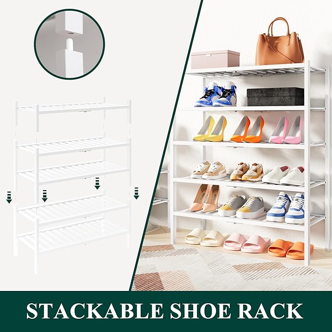 Smiry Small Bamboo Shoe Rack, 3 Tier Free Standing Wooden Shoe Organizer, Stackable Wood Shoe Storage Shelf for Closet, Entryway, 14 Vertical Slats, 2+1 Stack Heavy-Duty Legs, 17.3"x11"x19.5", White
