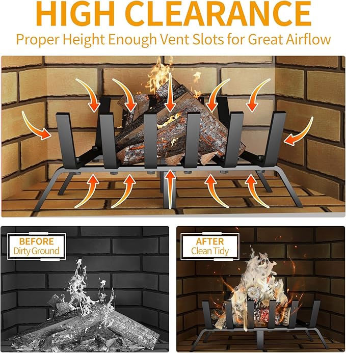 Heavy Duty 27Inch Fireplace Grate, Solid Steel Log Rack for Wood Burning, Extra Wide Firewood Grates for Indoor Fireplace & Outdoor Fire Pit, Wood Stove Grate