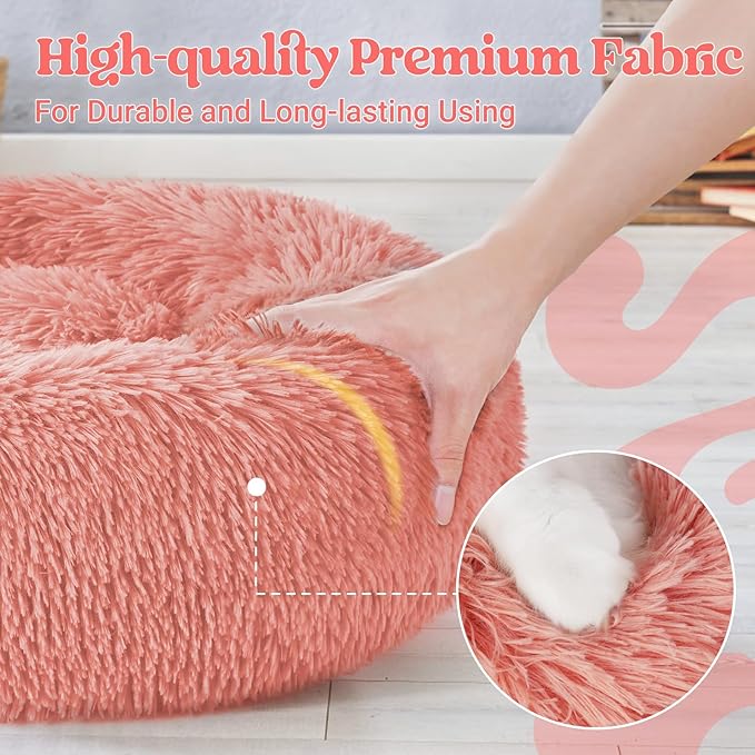 rabbitgoo Cat Beds for Indoor Cats, 20 inches Cat Bed Machine Washable, Fluffy Round Pet Bed Non-Slip, Calming Soft Plush Donut Cuddler Cushion Self Warming for Small Dogs Kittens, Light Pink, Medium