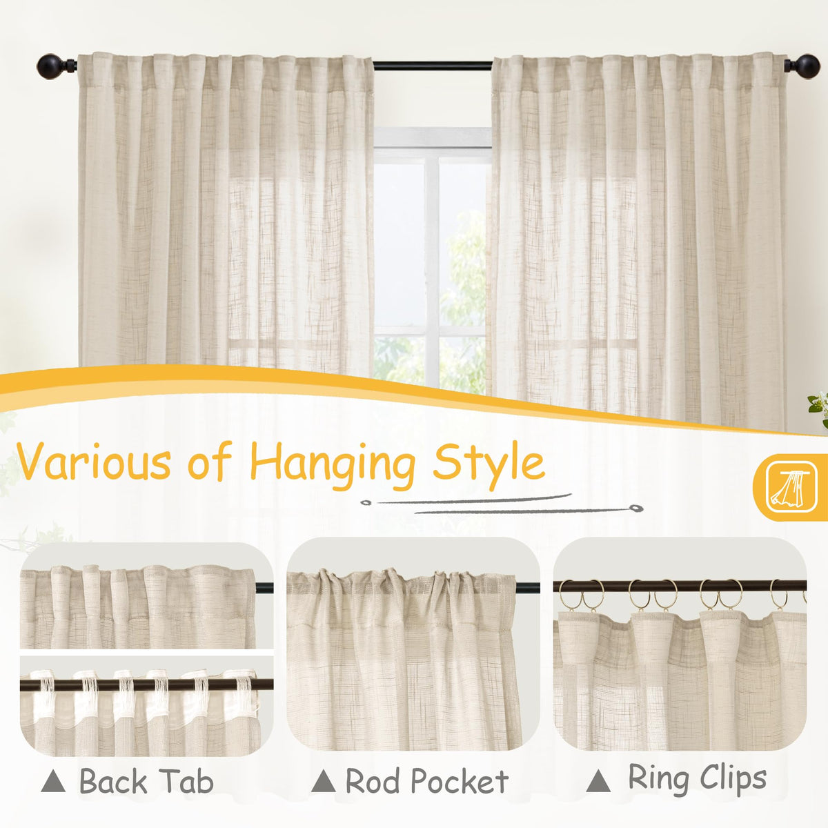 Oatmeal Linen Semi Sheer Curtains 42 X 63 Inch Length 2 Panels (2 Count)