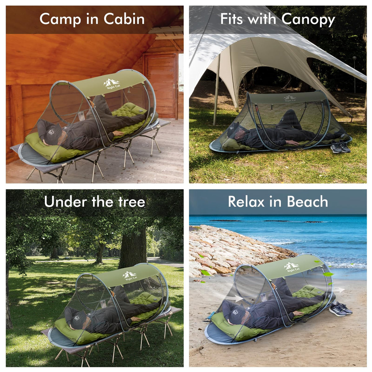 Night Cat Pop-up Mosquito Tent: 1 Person Camping Tent with Bug Screen Net Adults Fits for Camping Cot (Excluded)