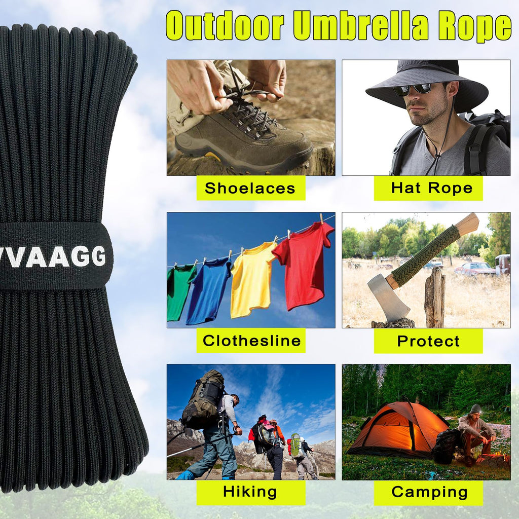 VVAAGG 1000 Black Paracord Rope 100FT Utility Nylon Heavy Duty 12 Strand Parachute Cord for Camping, Tent, Clothsline, Outdoor Hiking, Fishing, Survival Braceletand, Weatherproof Rope (100FT)