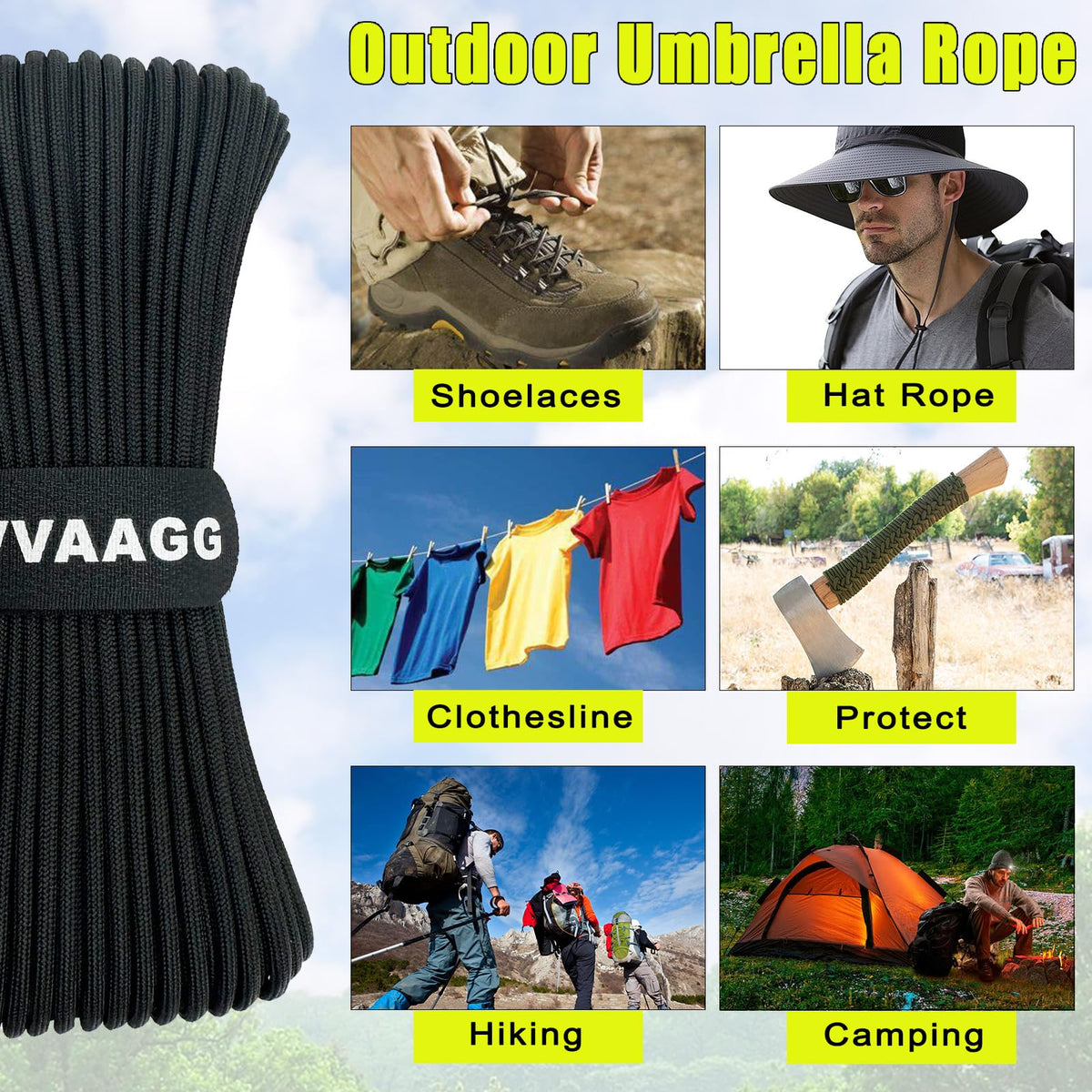 VVAAGG 1000 Black Paracord Rope 100FT Utility Nylon Heavy Duty 12 Strand Parachute Cord for Camping, Tent, Clothsline, Outdoor Hiking, Fishing, Survival Braceletand, Weatherproof Rope (100FT)