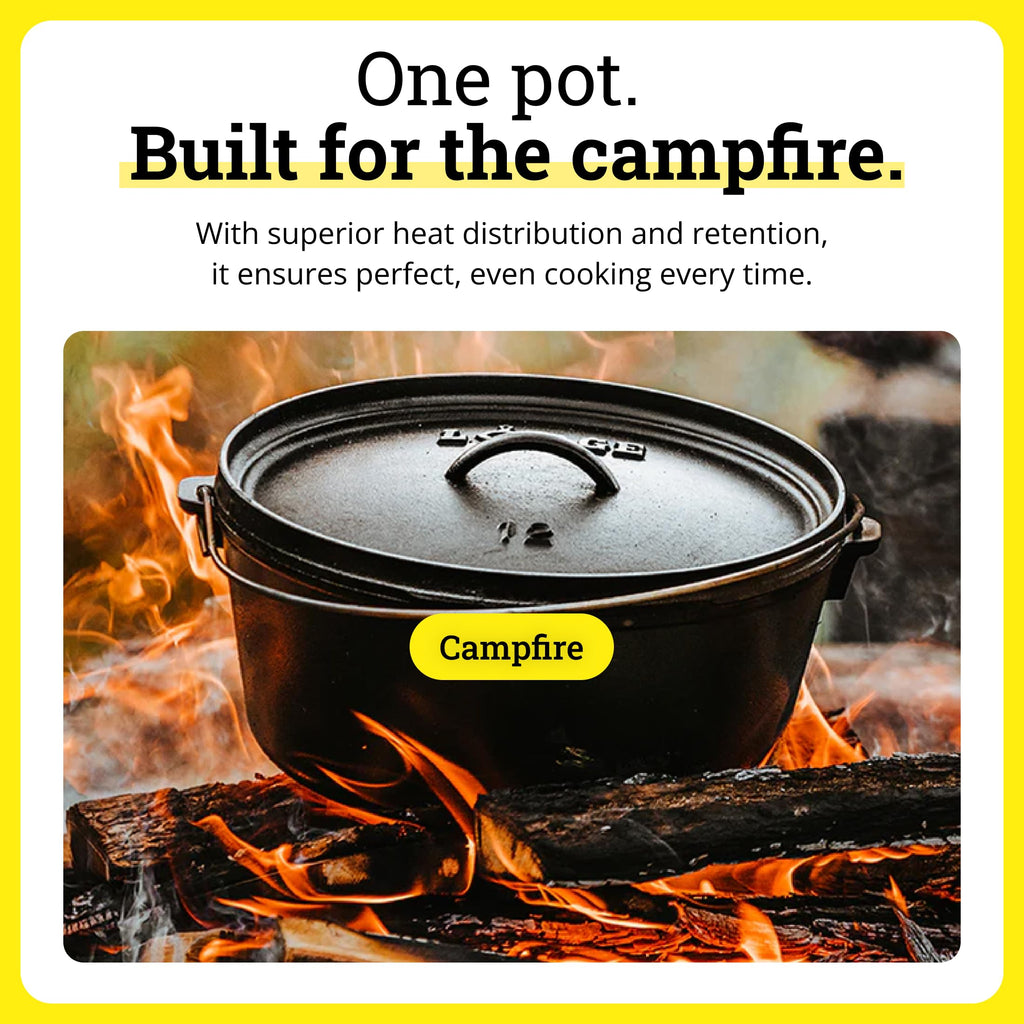 Lodge Seasoned Cast Iron Camp Dutch Oven with Lid - 8 Quart - Dual Handles - Seasoned Cast Iron Cookware with Steel Handle & Strong Lid for Heavy- Duty Camping Cookware