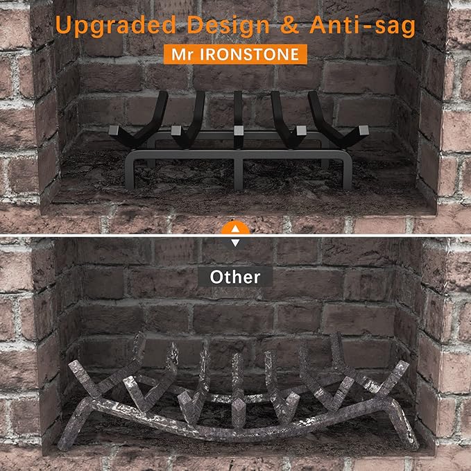 Mr IRONSTONE Fireplace Grate Fireplace Log Holder Solid Steel Heavy Duty Firewood Log Burning Rack Fire Grates for Outdoor Kindling Tools Pit Indoor Wrought Iron Wood Stove 17 inch