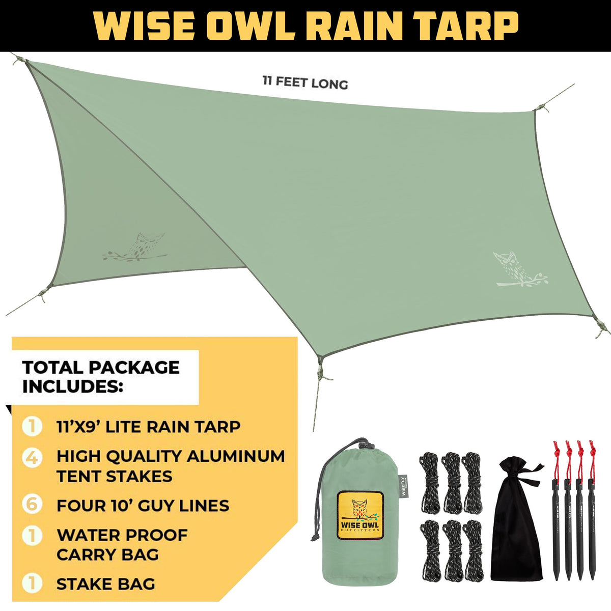 Wise Owl Outfitters Hammock Rain Fly – Waterproof Camping Tarp Cover with Tent Stakes & Carry Bag, Ultralight Shelter for Backpacking & Outdoor Shade