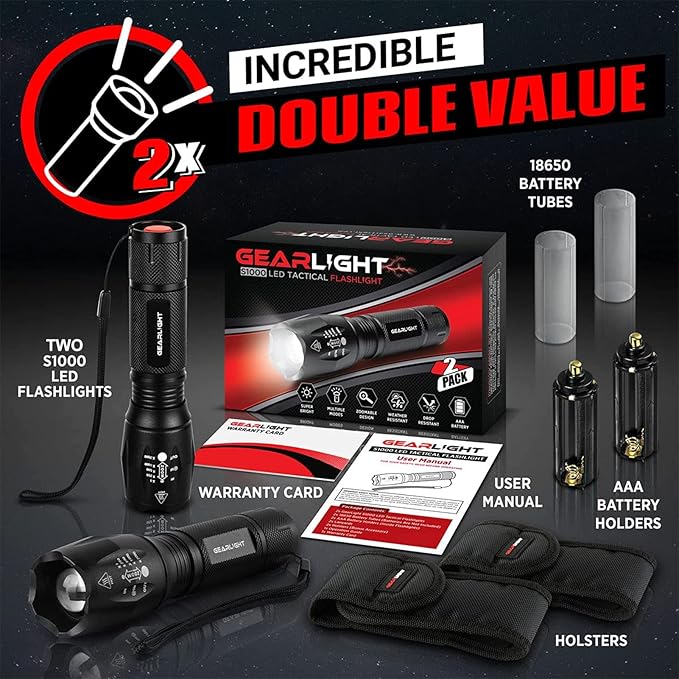 GearLight LED Flashlights - Mini Camping Flashlights with High Lumens, 5 Modes, Zoomable Beam - Bright and Versatile Flash Light for Outdoor and Home Use - S1000-2 Pack, (Batteries Not Included)