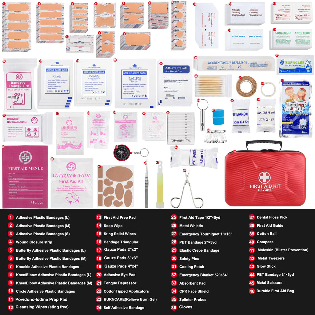 Gevoke First Aid Kit - 410 Piece, Waterproof, Red