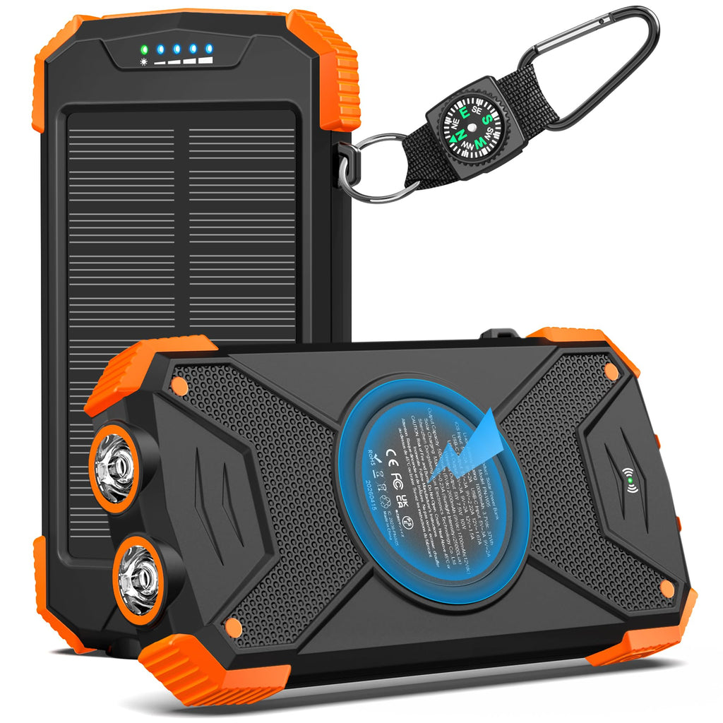 BLAVOR Solar Power Bank 10,000mAh, Portable Wireless Charger, 20W Fast Charging External Battery Pack with USB C for Cell Phones, Solar Panel Charging with Dual Flashlight for Camping