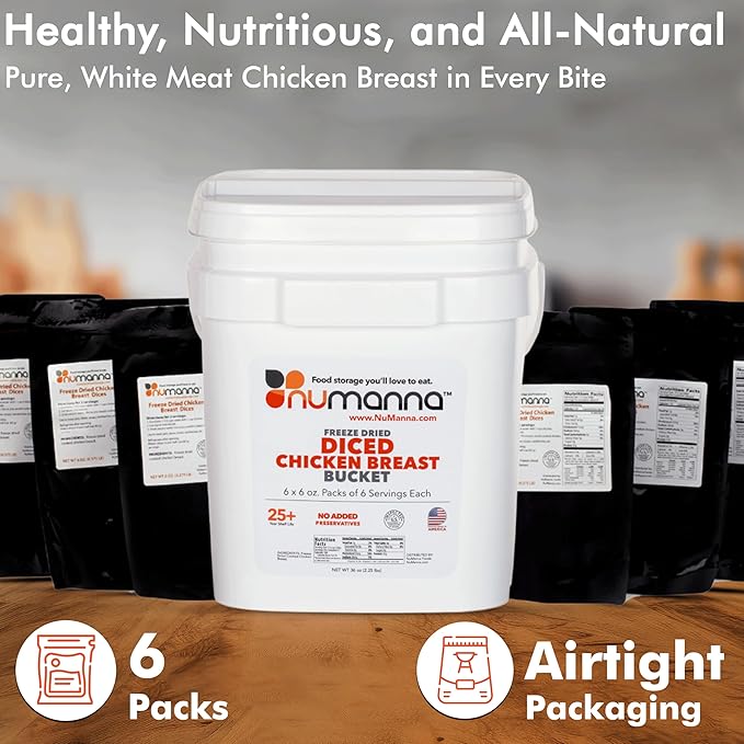 NuManna Freeze-Dried Diced Chicken Breast Bucket 36 Servings | Over 25g Protein per Serving for Daily Meal Prep, Emergency & Survival Food | Non-GMO, Resealable | 25+ Year Shelf Life | Made in USA
