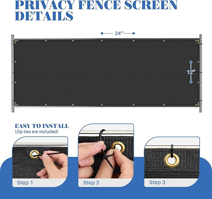 ECOOPTS 4'x110' Privacy Fence Screen Windscreen with Copper Grommets, Fit for Commercial Fence and Residential Garden Outdoor 90% UV Blockage, Cable Zip Ties Included (Black)
