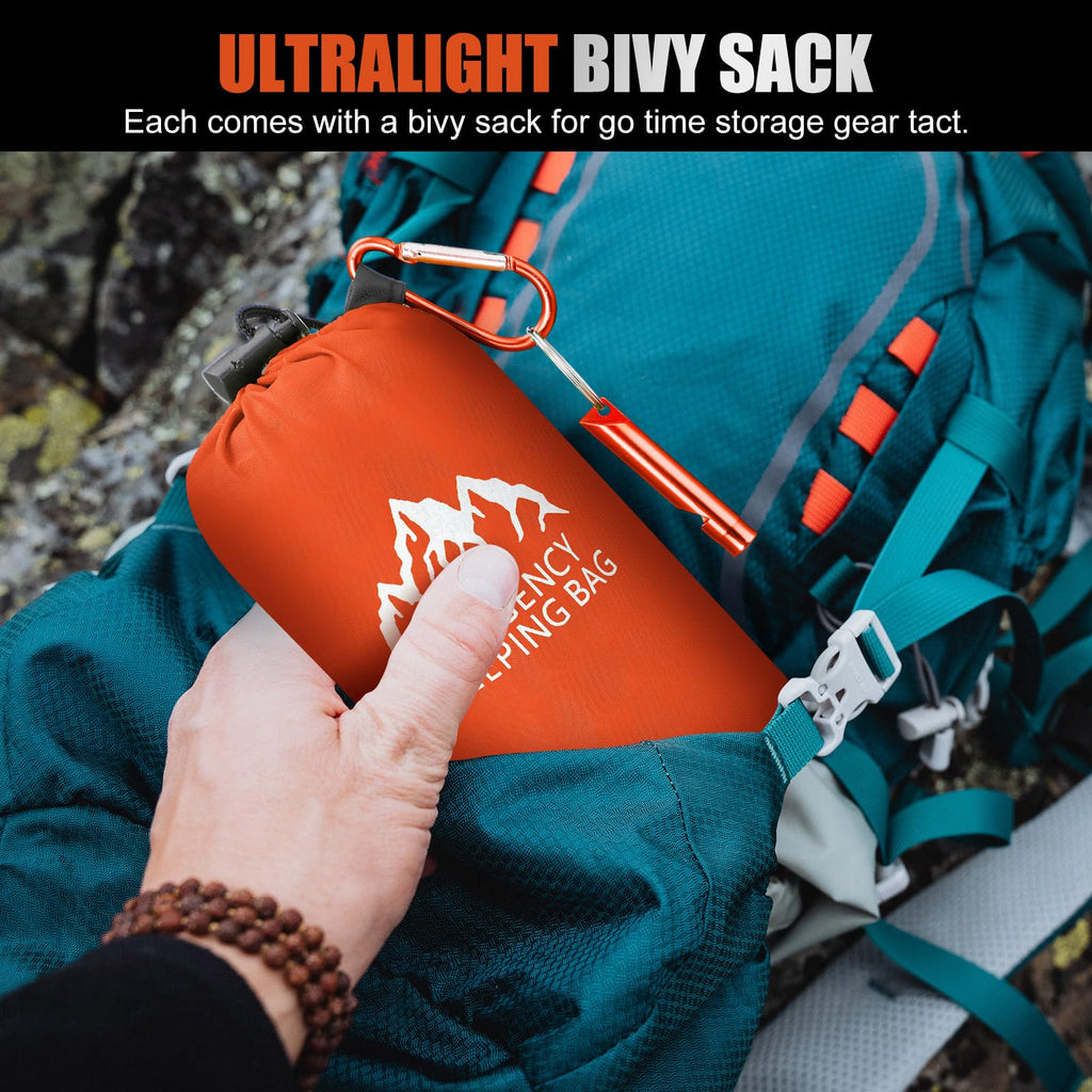 Oudain 6 Pcs XL Emergency Sleeping Bag 94.5" x 49.2" Waterproof Survival Sleeping Bag with Whistle Carabiner Portable Thermal Bivy Sack Emergency Blankets for Camping Hiking Outdoor (Orange)