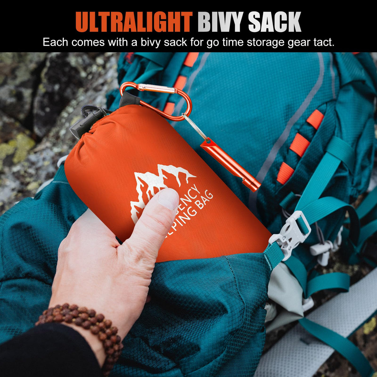Oudain 6 Pcs XL Emergency Sleeping Bag 94.5" x 49.2" Waterproof Survival Sleeping Bag with Whistle Carabiner Portable Thermal Bivy Sack Emergency Blankets for Camping Hiking Outdoor (Orange)