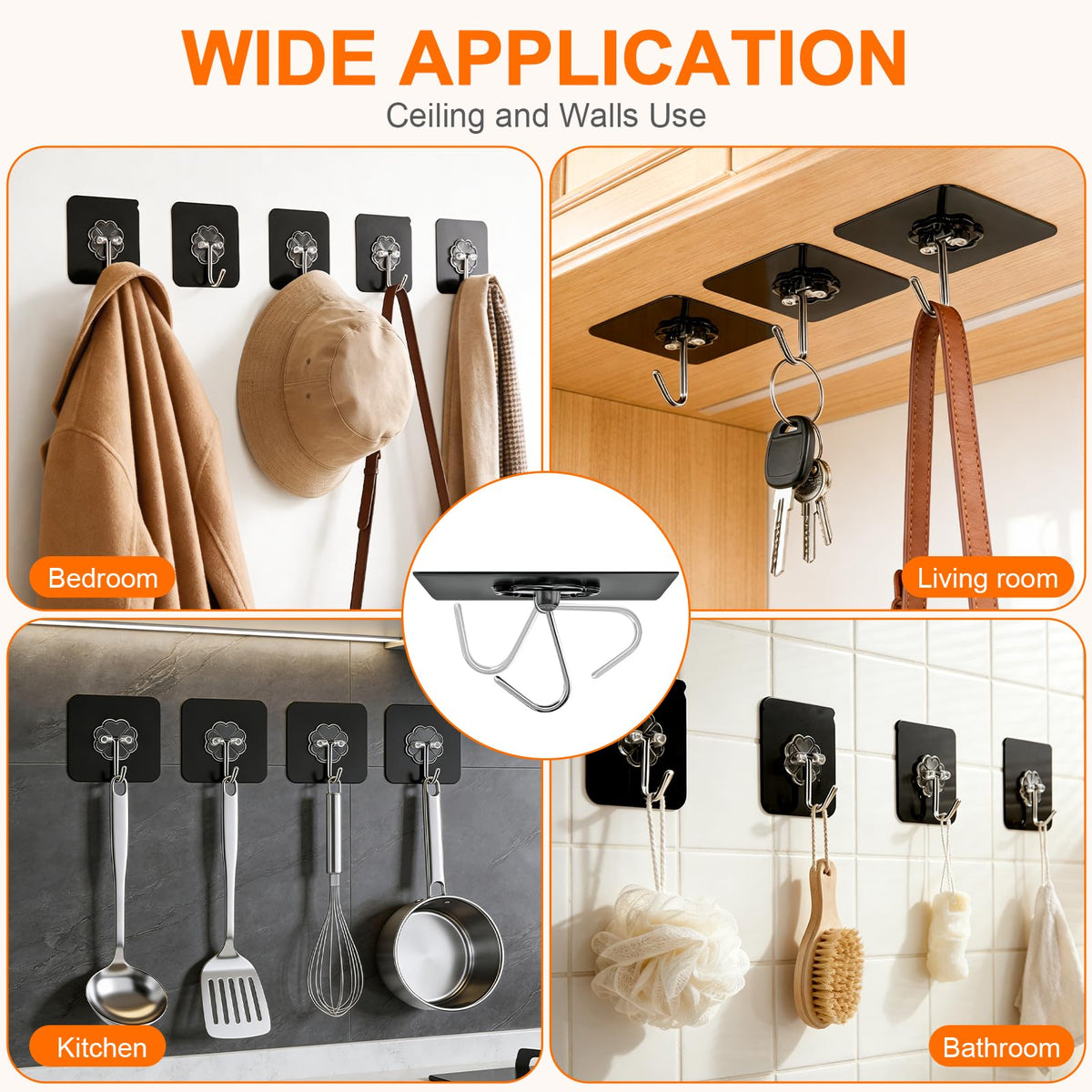 Black Heavy Duty Adhesive Hooks 2026 Upgraded 50lbs（Max） Sticky Wall Hooks for Hanging 12 Pack No Damage Hook Strong Waterproof Bathroom (12 Count)