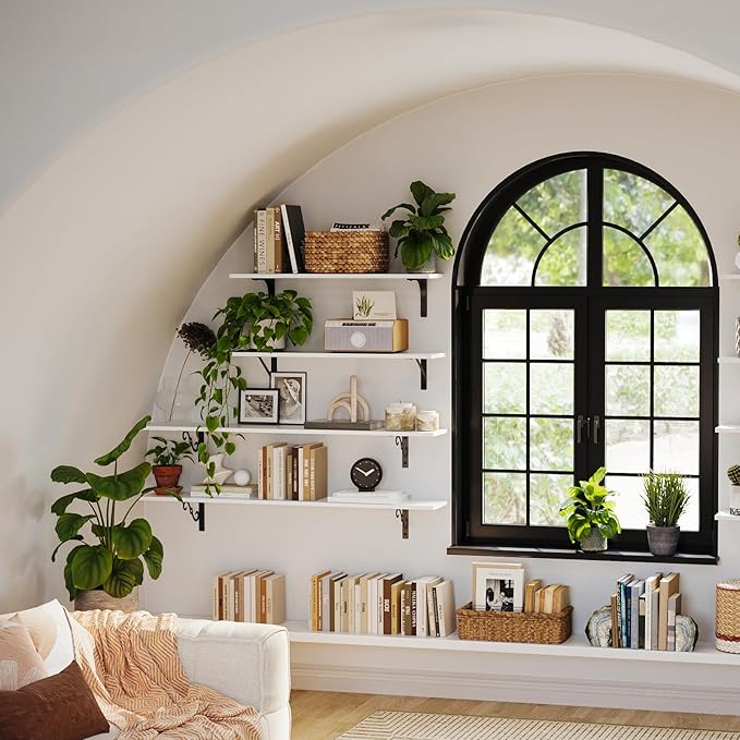 DINZI LVJ Long Wall Shelves, 31.5 x 7.9 x 6.1 Inches, Set of 2 White Floating Shelves, Easy-to-Install, Large Storage Ledges with Sturdy Metal Brackets for Living Room, Bathroom, Bedroom, Kitchen