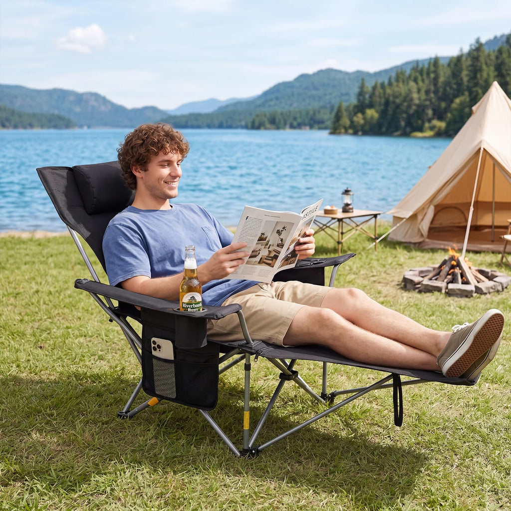 Romswi 2Pack 4-Position Reclining Camping Chair with Removable Footrest, 2-in-1 Adjustable Portable Lounge Chair with Cooler Bag, Cup Holder, Side Pockets & Carry Bag for Outdoor, Black