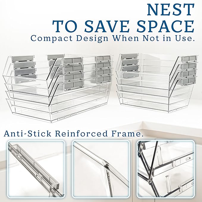 HOMESTEAD Set of 8 Stackable Storage Bins, 4 Large + 4 Small Clear Plastic Organizer Bins, Open Front Design for Kitchen Pantry, Fridge, Cabinet, Bathroom Organization and Bulk Snack Storage