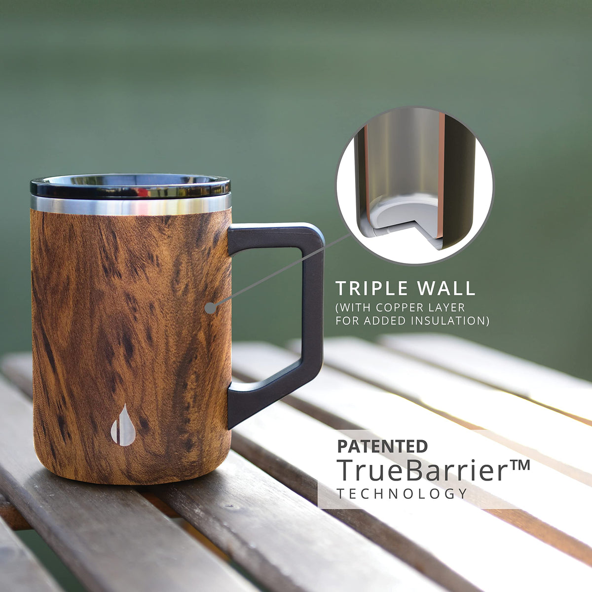 Elemental Insulated Coffee Mug - Triple-Wall Stainless Steel Summit Travel Cup for Hot and Cold Drinks - Thermal Coffee Mug with Lid and Handle for Camping, Office & Travel 16oz - Teakwood