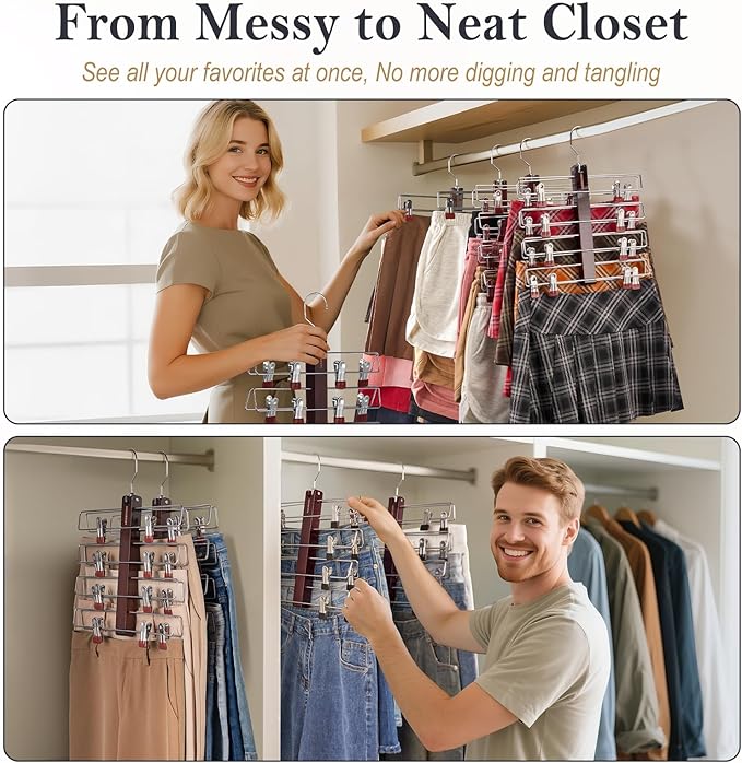 HOUSE DAY Skirt Hangers Space Saving 2 Pack, Double Row 4-Tier Non-Slip Hangers with Clips for Skirts, Shorts, and Pants - Lotus Wood Clip Hanger for Women - Closet Organizers and Storage (Mahogany)