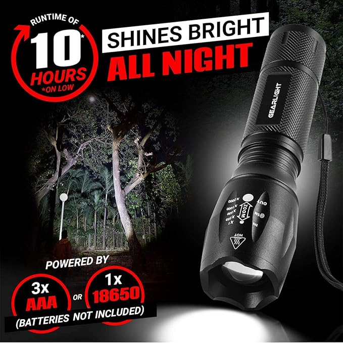 GearLight LED Flashlights - Mini Camping Flashlights with High Lumens, 5 Modes, Zoomable Beam - Bright and Versatile Flash Light for Outdoor and Home Use - S1000-2 Pack, (Batteries Not Included)
