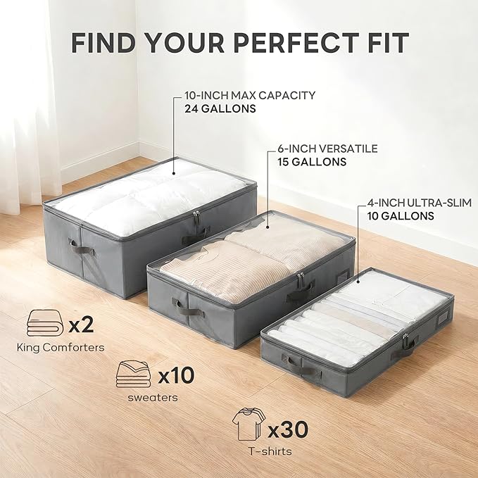 10-Inch Under Bed Storage Containers (2-Pack) | Sturdy Sidewalls | Clear Cover & Label Holder | Foldable Fabric Closet Bin Organizer | Stores Clothing/Blankets/Sweaters/Sheets