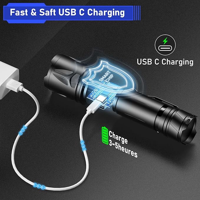 JAY-PARK High Lumen Flashlight - 10000 Lumens, Rechargeable 5000mAh with LCD Display, Zoomable Long Beam (3000m), IP67 Waterproof, 5 Modes & Belt Clip - for Camping, Dog Walking