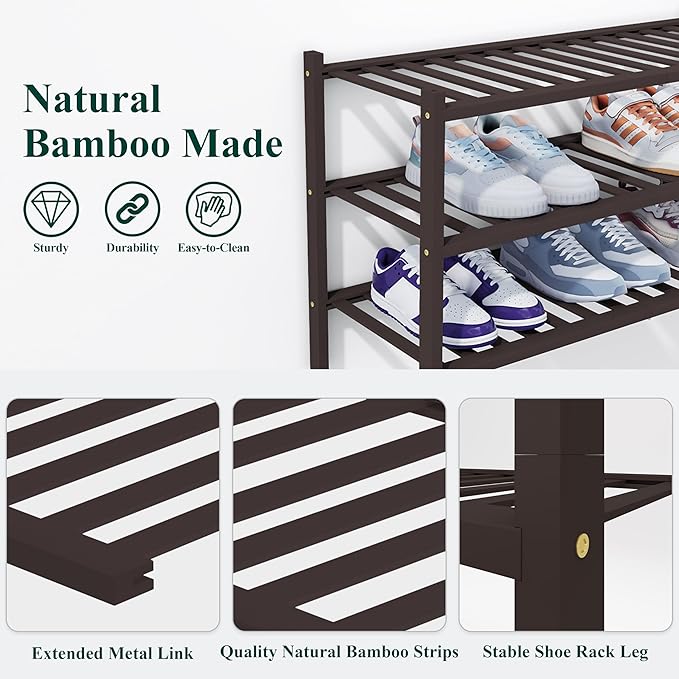 Smiry Bamboo Shoe Rack, 2 Tier Free Standing Wooden Shoe Organizer, Stackable Wood Shoe Storage Shelf for Closet, Entryway, 14 Vertical Slats, One-piece Heavy-Duty Legs, 26.8"x11"x13", Brown