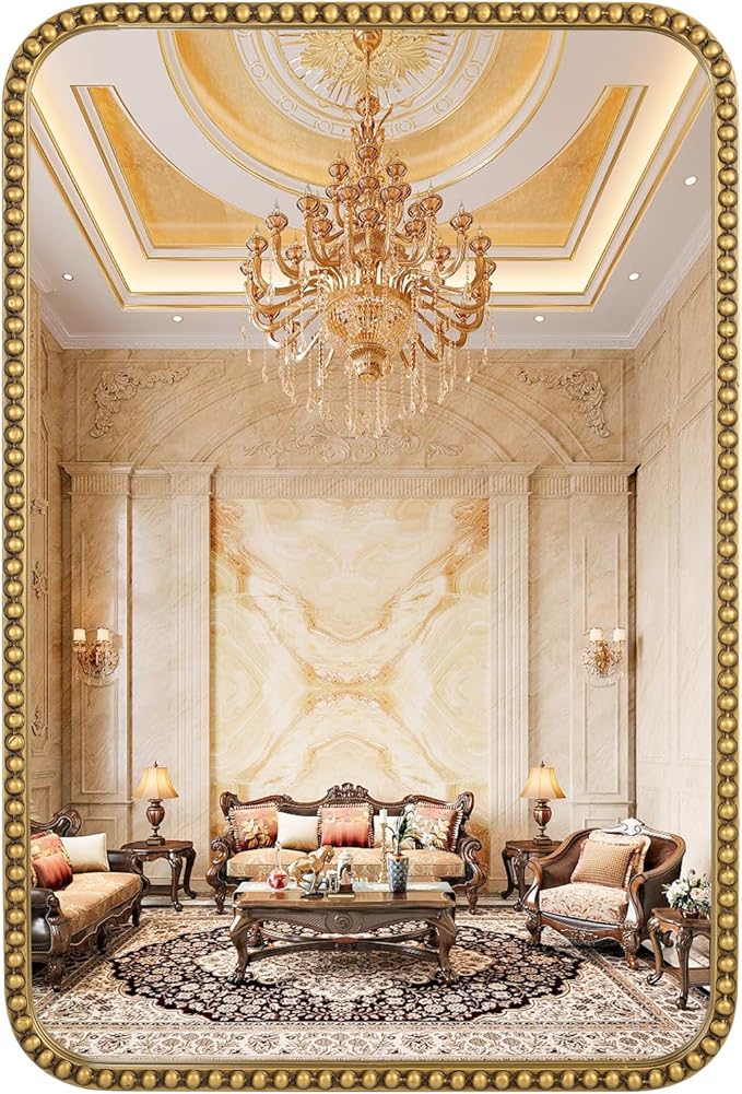 Wall Mirror for Bathroom - 24"x36" Rectangle Rounded Corner Beaded Frame Mirror, Large Vanity Mirror Hangs Horizontal or Vertical, Antique Gold