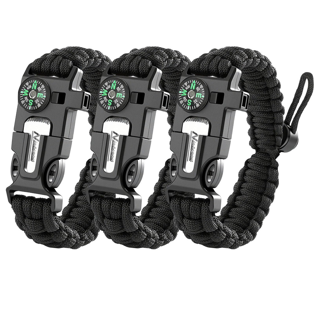 NVioAsport Paracord Survival Bracelet (3 Pack) - Adjustable with Fire Starter, Whistle, Compass - Survival Gear for Hiking, Camping, Fishing, Gifts for Men Dad Husband