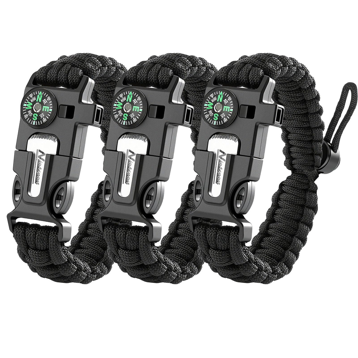 NVioAsport Paracord Survival Bracelet (3 Pack) - Adjustable with Fire Starter, Whistle, Compass - Survival Gear for Hiking, Camping, Fishing, Gifts for Men Dad Husband