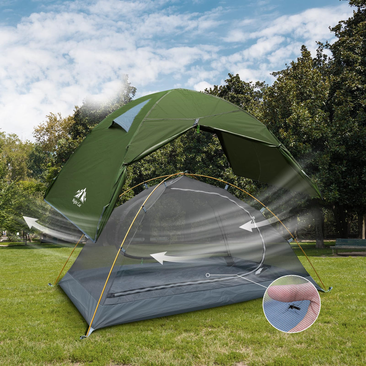 Night Cat 2-Persons Backpacking Tent: Waterproof Lightweight Camping Tent for Two People Hiking Outdoor Mountain with Aluminum Poles and Rainfly Army Green