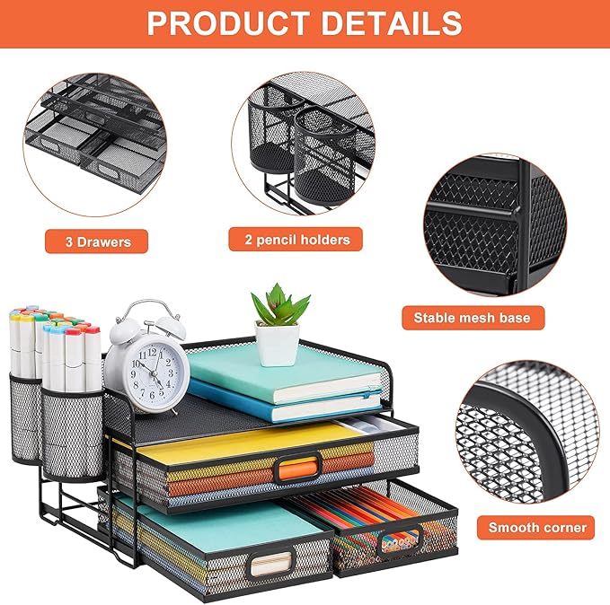 Marbrasse 3 Tier Mesh Desk Organizer with Drawer, Multi-Functional Desk Organizers and Accessories, Paper Letter Organizer with 2 Pen Holder for Home Office Supplies (Black)