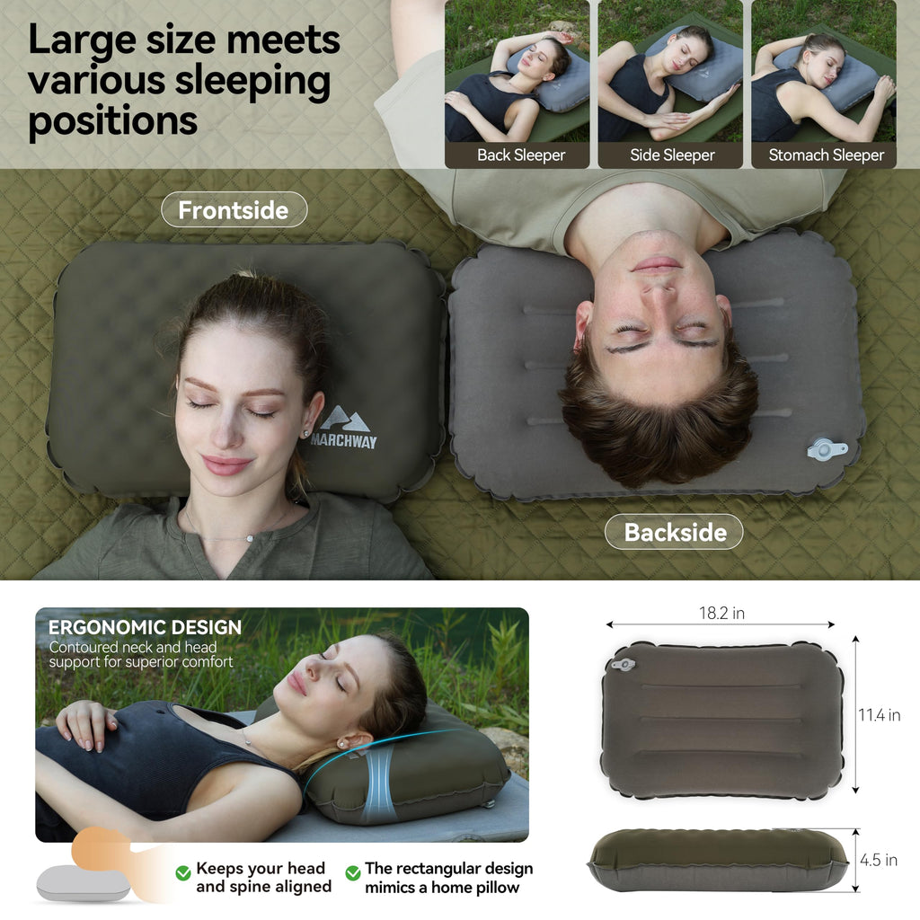 MARCHWAY Inflatable Camping Pillow with Soft Foam Top & TPU Air Bladder, Dual-Sided Support for All-Season, Lightweight Compact Travel Pillow for Hiking, Backpacking, Airplane, Car (Green)
