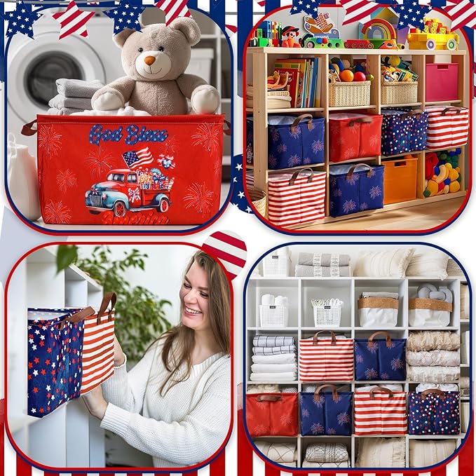 CHENGU 6 Pack 4th of July Storage Baskets Collapsible Patriotic Bins for Gifts 250th Independence Day Red Blue White Large Gnomes Basket Foldable American Flag Box with Handle for Party Bedroom Home