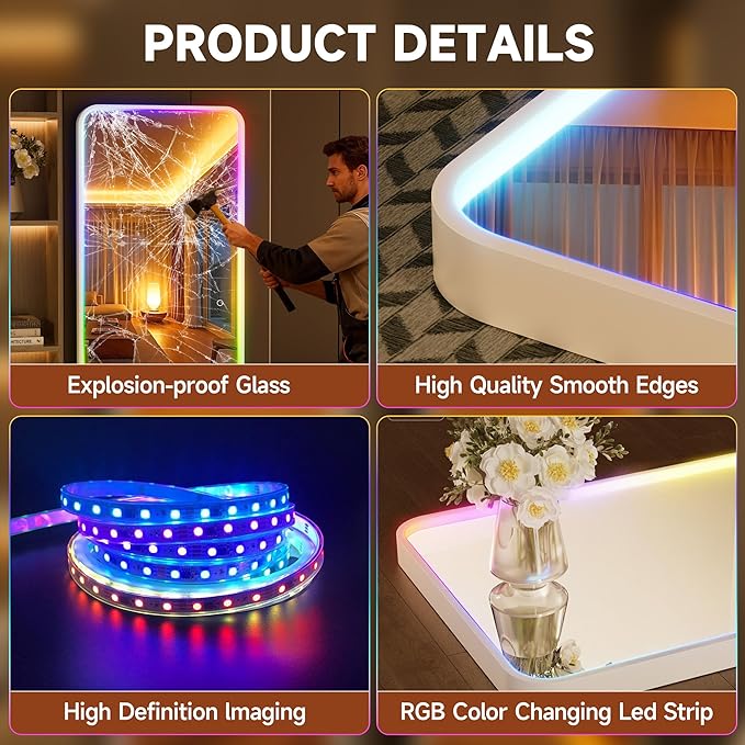 Hasipu 43"x15.7" LED RGB Door Mirror Full Length, Full Body Full Length Over The Door Mirror with Lights, Door Hanging & Wall Mounted Mirror for Bedroom, Living Room, Cloakroom