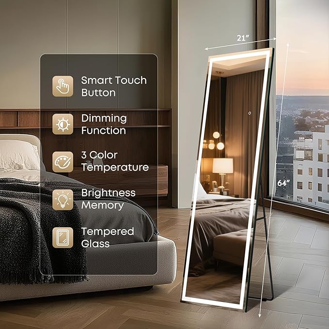 64" x 21" Full Length LED Floor Mirror - Big Wall/Standing Mirror with Lights, Dimmable Touch Screen & Adjustable Color (White/Warm Light), Full Body Mirror for Bedroom, Dressing Room, Vanity, Makeup