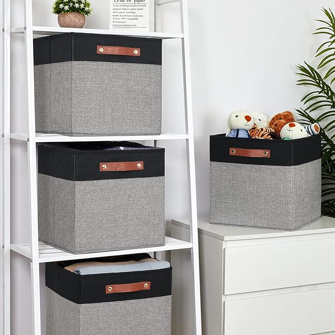 Temary 13 x 13 Storage Cubes Foldable Storage Cubes 4 Pack Canvas Storage Bin for Home, Square Storage Baskets with Leather Handles (Black&Grey)