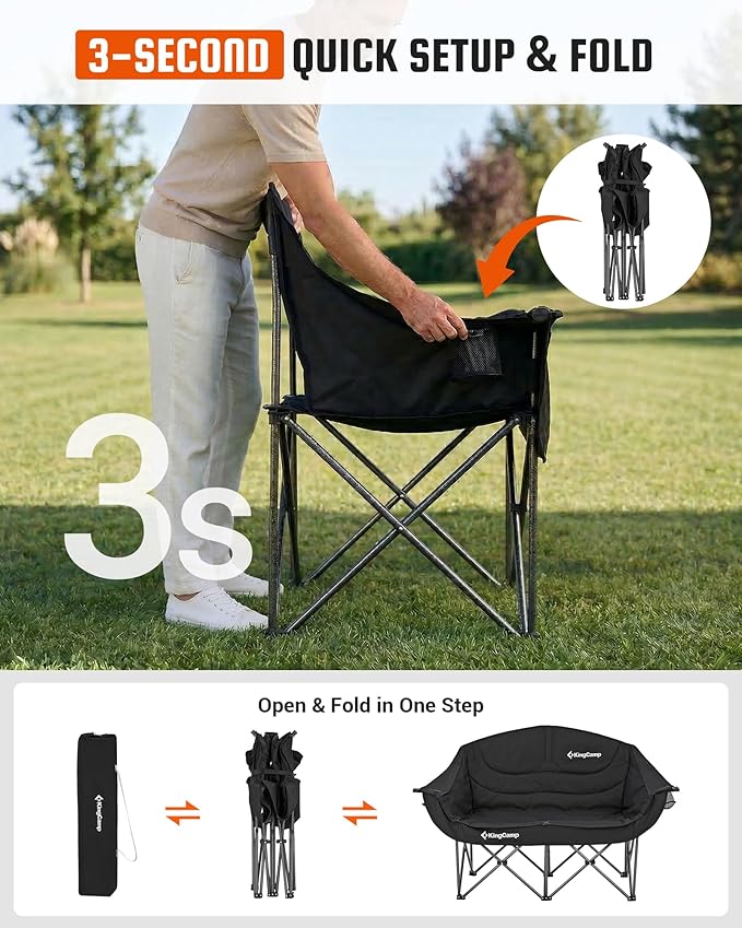 KingCamp Double Camping Chair, Oversized Heavy Duty 660lbs Loveseat for Adults Portable Folding XL 2 Person Couch Padded Comfortable Two Seat with Cup Holder for Outdoor Lawn Backyard, Black