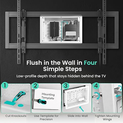 ynVISION.DESIGN 9" Recessed in-Wall Media Box - Flush Mount AV Cable Management Box & Cord Hider with Adjustable Shelf, Cable Straps & Vented Cover - Compatible with Apple, Roku TV, Fire TV & More