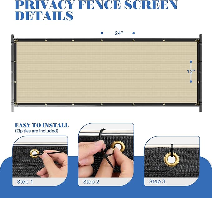 ECOOPTS 4'x46' Privacy Fence Screen Windscreen with Copper Grommets, Fit for Commercial Fence and Residential Garden Outdoor 90% UV Blockage, Cable Zip Ties Included (Beige)