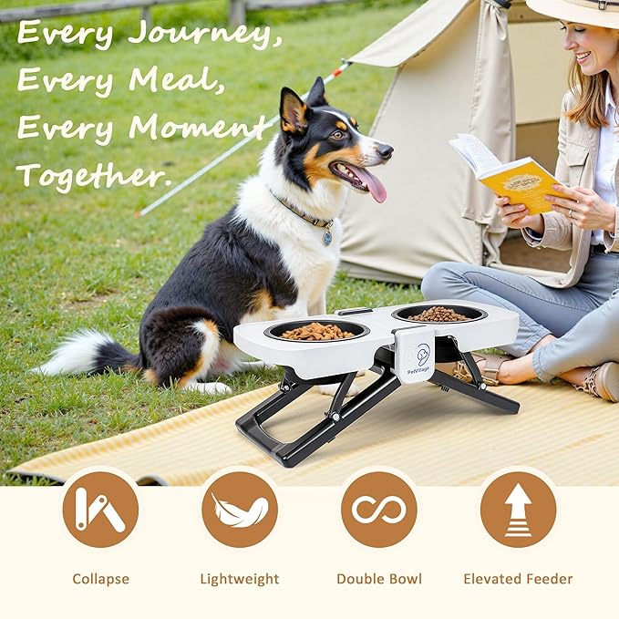 Portable Foldable Elevated Dog Bowls Stand with Dual Dishes, Compact Travel Pet Feeding Table for Dogs (5 Cups Capacity)–Lightweight Non-Slip Design, Perfect for Indoor/Outdoor Adventures