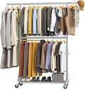 Heavy Duty Clothes Rack Load 860LBS, Rolling Double Rods Clothing Racks for Hanging Clothes, Adjustbale Garment Rack With Sturdy Wheels Shelf, Portable Closet Rack Free Standing