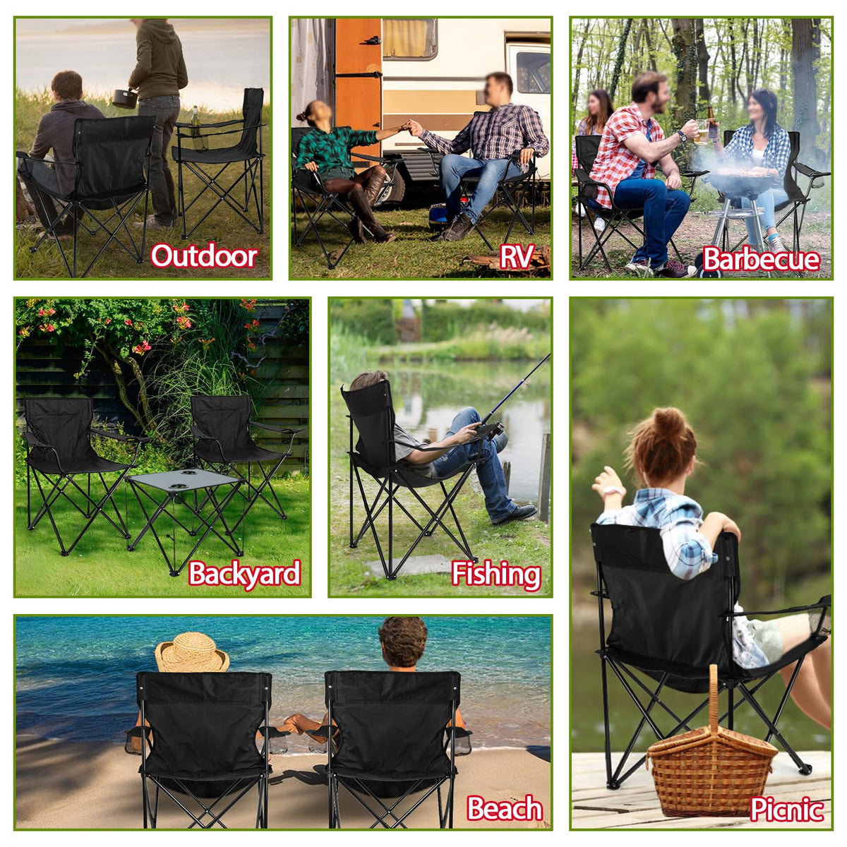 HaSteeL Folding Camping Chair Set of 3, Foldable Black Camp Chairs & Grey Table, Large Lawn Chair Portable for Adults Hiking, Fishing, Picnic, Outdoor BBQ, Travel, Sports, Cup Holders & Storage Bags